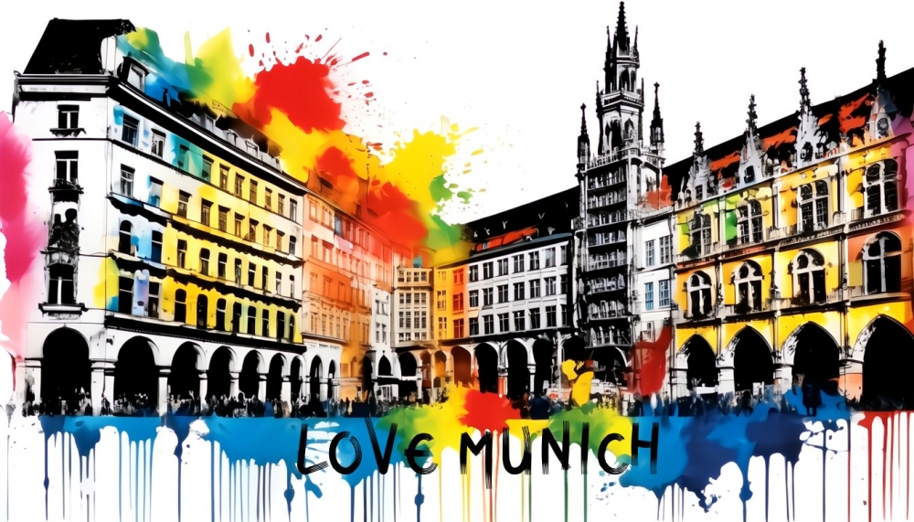 Bild 1 von Love München - Rathaus - Splash  by Team W 32  / (Größe) 140x80 cm 2 cm Leinwand gespiegelt