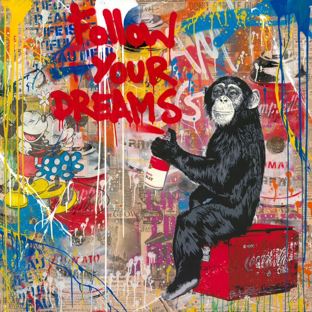 Bild 1 von Hommage Banksy Hommage Affe Follow u dream - 60x60 cm Besonderheit: 5 cm dicker Galeriekeilrahm