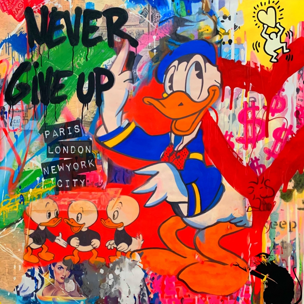Bild 1 von Motiv Donald Duck Ultra HD Never give up Part 1 by Felix von Altersheim  / (Größe) 110 cm x 110 cm 3 mm Alu Dibond inkl. Halteurngen beigelegt