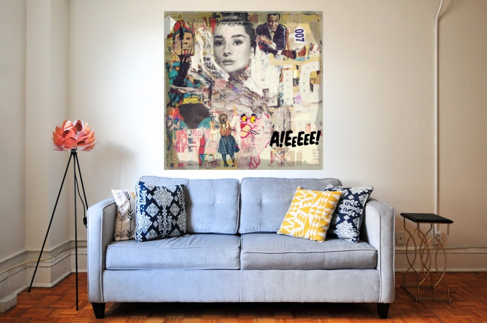 Bild 1 von Motiv Audrey Hepburn vs. James Bond Collage  by Felix von Altersheim  / (Größe) 60 cm x 60 cm 3 mm Alu Dibond inkl. Halterungen beigelegt
