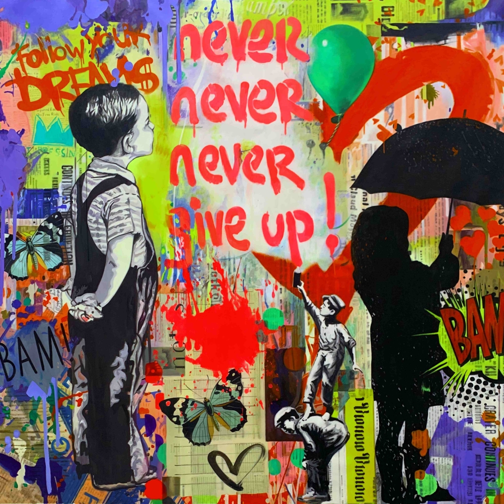 Bild 1 von Ultra HD Banksy Hommage Never give up - 60x60 cm Besonderheit: 5 cm dicker Galeriekeilrahmen