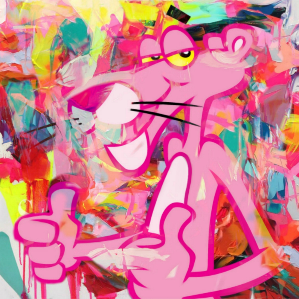Bild 1 von Motiv Paulchen Panther Top Secret  - Pink  by Felix von Altersheim  / (Größe) 150 cm x 150 cm 5 mm Acrylglas XT weiss/kaschiert 100 % inkl. Halterungen beigelegt