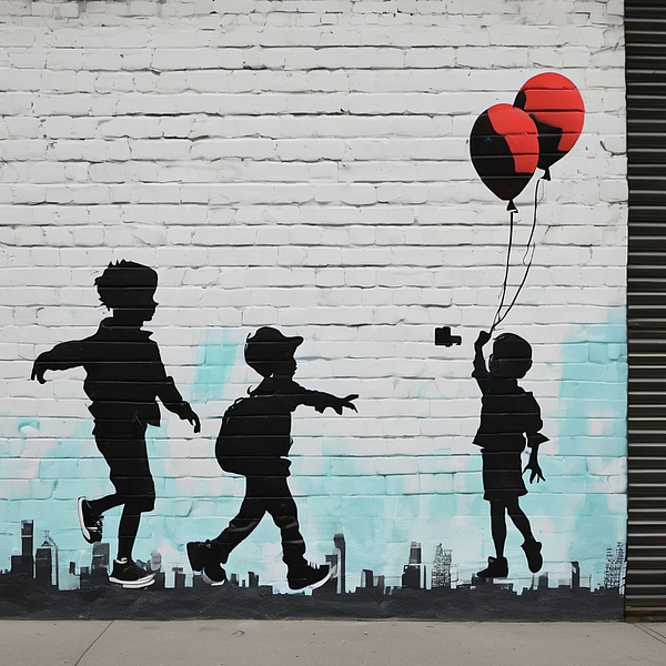 Bild 1 von Urban Life Kids Stencil Graffiti Stree Art -  Fotografie by Paffy  / (Größe) 60 cm x 60 cm 5 mm Acrylglas XT weiss/kaschiert 100 % inkl. Halterungen beigelegt