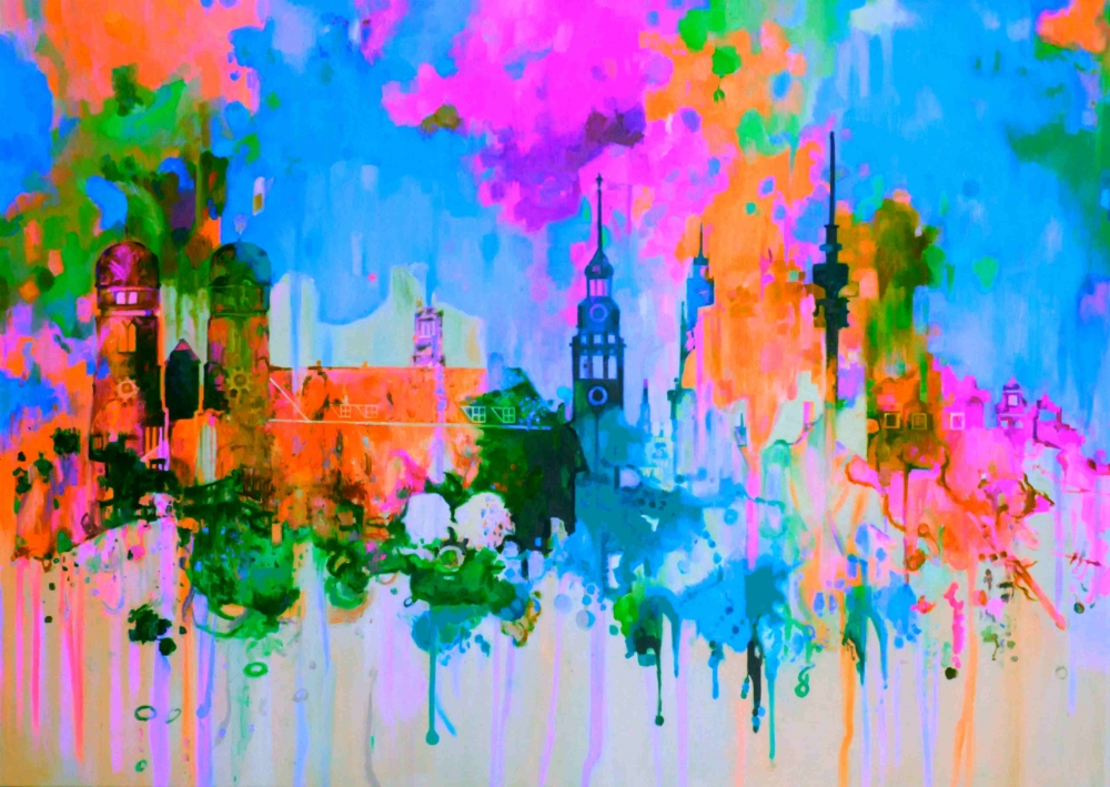 Bild 1 von München Skyline 02 - City by Felix von Altersheim  / (Größe) BEST PREIS! 160 cm x 110 cm 3 mm Acrylglas XT weiss/kaschiert 100 % inkl. Halterungen beigelegt