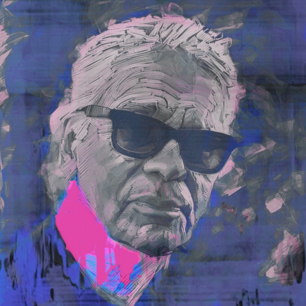 Bild 1 von Hommage Karl Lagerfeld - Edding Art Blue Part 1  by Felix von Altersheim  / (Größe) 100 cm x 100 cm 3 mm Silber Alu gebürstet inkl. Halterungen beigelegt