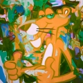 Bild 1 von Motiv Pink Panther Orange Original by Felix von Altersheim  / (Größe) 130 cm x 130 cm 3 mm Silber Alu gebürstet inkl. Halterungen beigelegt